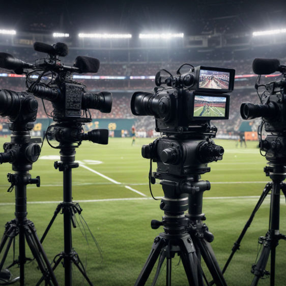 Sports broadcasting with multiple high-tech cameras capturing dramatic on-field action.