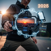 A person is holding a smartphone attached to a futuristic rig, capturing a cinematic sunset shot of a city.