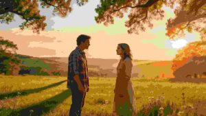 A cinematic outdoor film scene during golden hour, warm sunlight casting soft shadows on actors in a natural environment