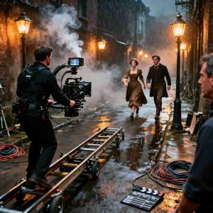 A film set capturing a long take scene, steady camera rig in motion, actors performing in sync in a cinematic atmosphere