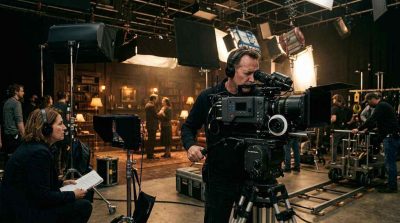 A professional movie set showing a cinematographer operating a high-end film camera, with studio lights, a director monitoring the scene, cinematic atmosphere, dramatic lighting, and film production equipment