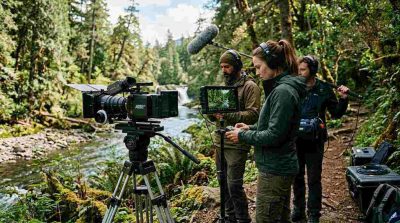 Film crew recording a scientific nature documentary outdoors, professional cinema camera focused on a natural ecosystem
